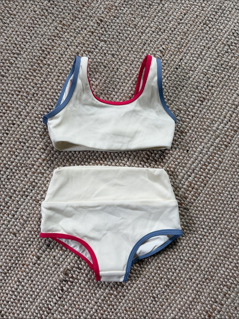 l*space Kids Ribbed Bikini Set in Cream with Blue and Pink Trim